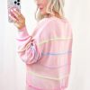 Women's Pink Rainbow Stripes Drop Shoulder Baggy Henley Sweater for Cozy Winter Style - Image 2