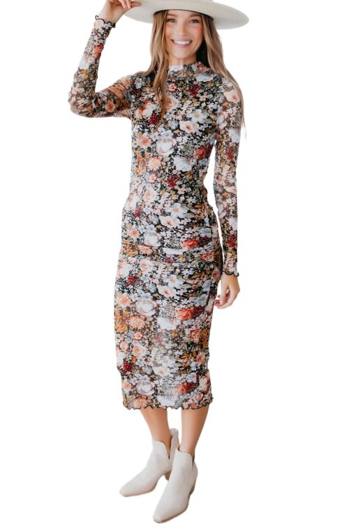 Charming Brown Floral Allover Print Mock Neck Bodycon Midi Dress for Women