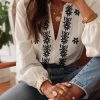 Elegant Women's White Floral Embroidered Frilled V Neck Puff Sleeve Blouse - Image 5