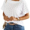 Women's Elegant White Eyelet Pattern Boat Neck Casual Tee - Image 14