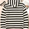 Women's White Stripe V Neck Pocketed Drawstring Hooded Sweater - Cozy Casual Style - Image 6