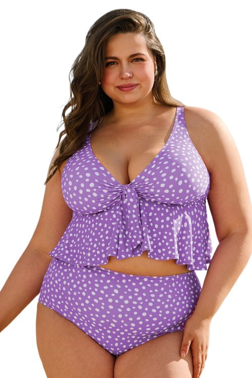 Women's Plus Size Purple Polka Dot Print Ruffled Knotted V Neck Tankini Set