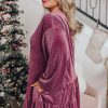 Plus Size Velvet Meadow Mauve Tiered Buttons Dress with V Neck - Image 3