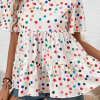 Women's White Colorful Polka Dot Short Sleeve Tiered Ruffled Babydoll Blouse - Image 13