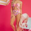 Women's Red Floral Ruffle Trim Cutout Knotted One Piece Swimsuit for Summer Vacations - Image 8