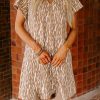 Women's Khaki Abstract Print V Neck Short Sleeve Shift T-Shirt Dress - Image 10