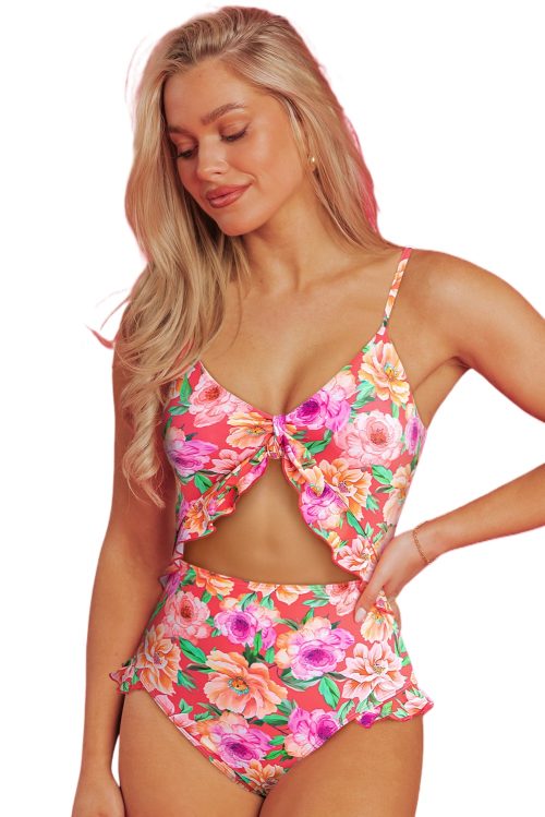 Women's Red Floral Ruffle Trim Cutout Knotted One Piece Swimsuit for Summer Vacations