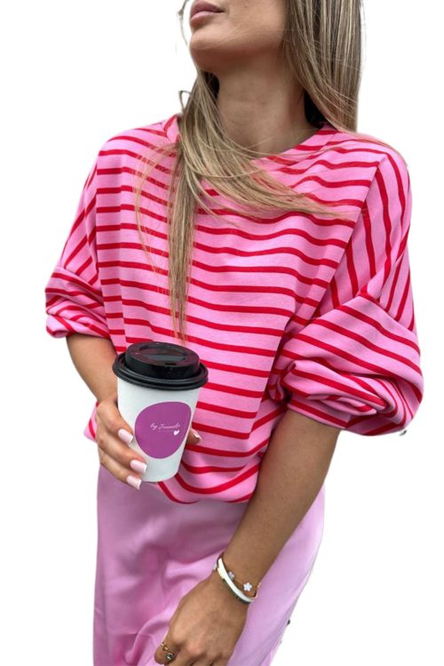 Women's Sachet Pink Striped Print Crew Neck Drop Shoulder Sweatshirt