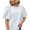 Women's White Solid Textured Puff Sleeve Blouse - Chic and Elegant O Neck Top - Image 12