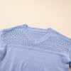 Women's Sky Blue V Neck Drop Shoulder Sweater with Eyelet Pattern Detail - Image 15