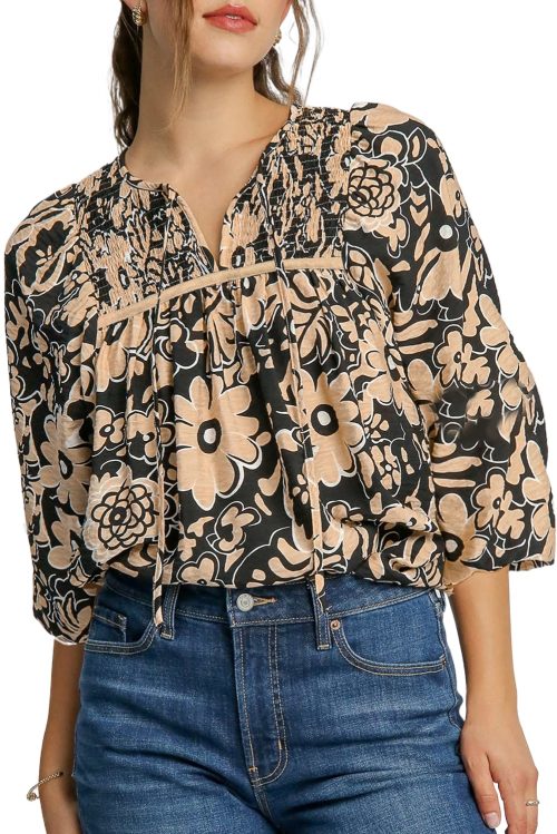 Women's Black Floral Shirred Yoke Boho Blouse with Bracelet Sleeves