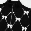 Women's Black Preppy Bow Print Zipped Collar Short Sleeve Sweater Tee - Image 7