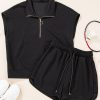 Women's Black Textured Quarter Zip Top and Drawstring High Waist Shorts Set - Image 4