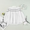 Women's Elegant White Shirt with Black Pipping, Ribbon Bowtie, and Ruffled Puff Sleeves - Image 7