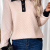 Women's Oatmeal Textured Colorblock Edge Buttoned Collar Sweatshirt - Image 6