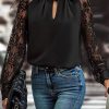 Women's Elegant Black Keyhole Neckline Floral Lace Raglan Sleeve Blouse - Image 2