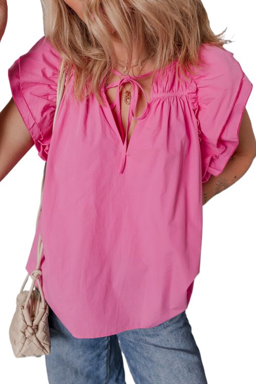 Elegant Sachet Pink Ruffled Sleeve Blouse with Shirred Yoke and Lace-Up V Neck