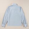 Women's Sky Blue Stripe Frilled Trim Button Up Long Sleeve Shirt - Image 7