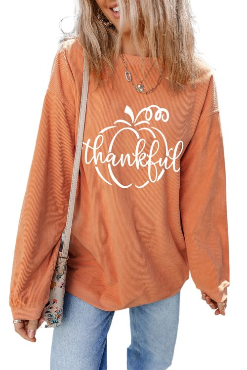Women's Orange Pumpkin Thankful Graphic Corded Sweatshirt
