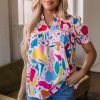 Women's Multicolour Abstract Print Blouse with Lace Detail and Shirred Short Sleeves - Image 8