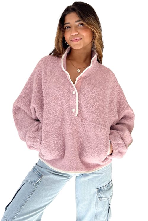 Women's Fuchsia Plush Sweatshirt with Stand Neck, Half Button, and Zipped Pockets