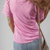 Women's Pink Eyelet Embroidery Scalloped Sleeve Round Neck T-Shirt - Image 2