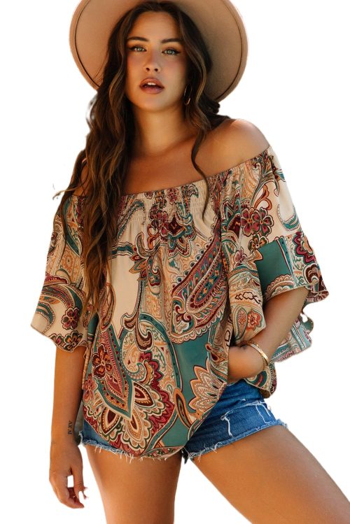 Women's Apricot Paisley Printed Off Shoulder Blouse with Ruffled Draped Sleeves