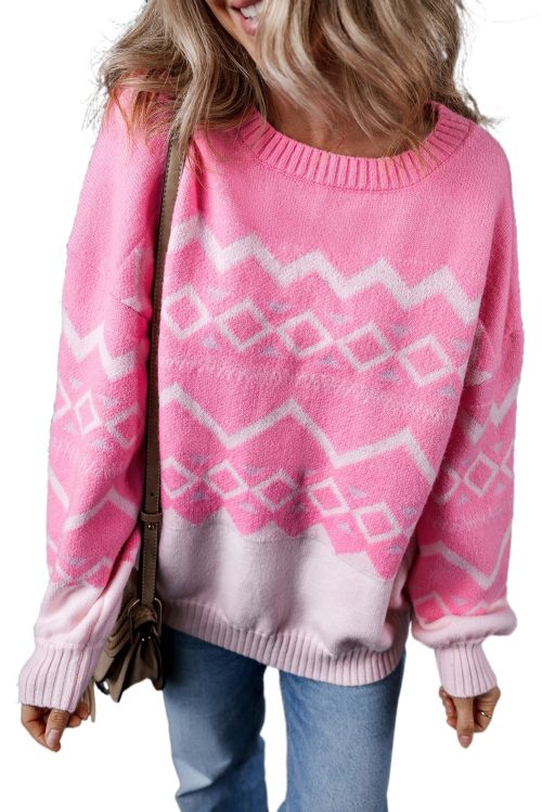 Women's Pink Aztec Geometric Drop Shoulder Casual Sweater