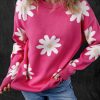 Women's Bright Pink Daisy Flower Crew Neck Long Sleeve Sweater – Cozy & Stylish - Image 8