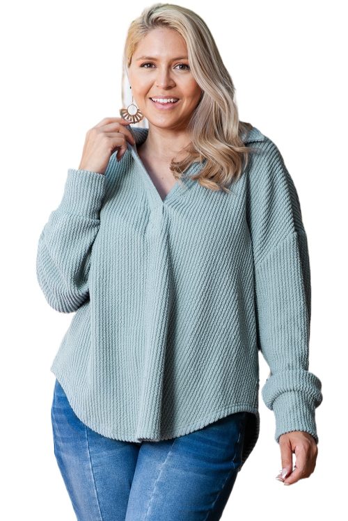 Plus Size Blue Textured V Neck Drop Shoulder Top