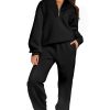 Women's Black Plain Half Zip V-Neck Ribbed Edge Loose Tracksuit - Image 15