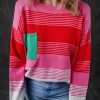 Women's Rose Striped Knit Drop Shoulder Sweater with Patch Pocket - Image 4