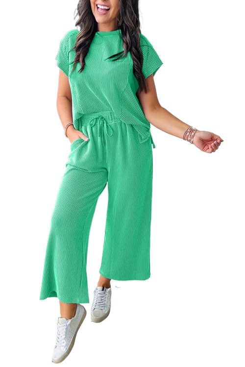 Bright Green Solid Corded Knit Short Sleeve T-Shirt and Wide Leg Pants Set for Women