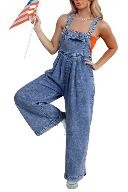 Women's Light Blue Mineral Wash Wide Leg Denim Overalls with Adjustable Buttoned Straps