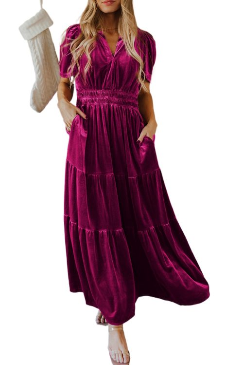 Women's Red Dahlia Velvet Tiered Maxi Dress with Short Sleeves