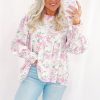 Women's Pink Floral Print Babydoll Blouse with Shirred Balloon Sleeves and Keyhole Back - Image 5