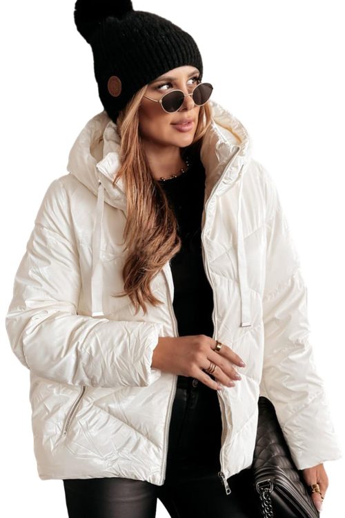 Women's White Solid Quilted Hooded Zip Up Puffer Jacket for Winter