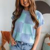 Women's Light Blue Checkered Color Block Crew Neck Short Sleeve Sweater - Image 5