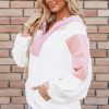 Women's Oversized White Colorblock Patchwork Sherpa Hoodie with Half Zip - Image 3