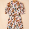 Chic Brown Abstract Printed Puff Sleeve Mini Dress with Button Up Front and Braided Belt - Image 7