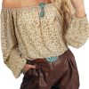 Women's Beige Leopard Velvet Burnout Off Shoulder Long Sleeve Blouse - Image 12