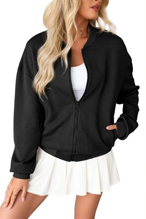 Women's Black Solid Textured Stand Neck Zipper Bomber Jacket