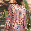 Women's Orange Floral Print Shirred Cuff Buttoned Loose Shirt - Chic Bohemian Style - Image 2