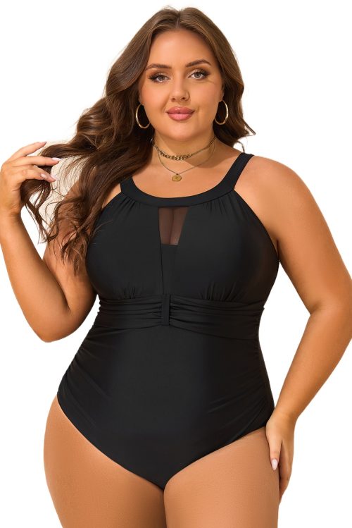 Plus Size Black Halter Mesh Insert One Piece Swimsuit with Knotted Back