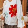 Women's White Floral Pattern V Neck Drop Shoulder Long Sleeve Sweater - Image 4