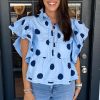 Elegant Sky Blue Polka Dot Ruffled Short Sleeve Buttoned Collared Blouse for Women - Image 3