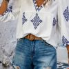 Women's White Boho Geometric Print V Neck Blouse with Bracelet Sleeves - Image 3