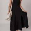 Women's Black Sleeveless Scoop Neck Flared Split Midi Dress - Elegant & Casual Summer Fashion - Image 3