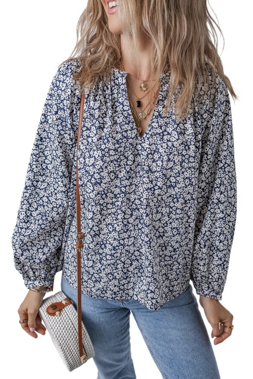 Women's Elegant Blue Floral Print Notched V Neck Puff Sleeve Blouse