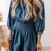 Prussian Blue 3/4 Sleeve Shirred High Waist Buttoned Mini Dress - Image 6